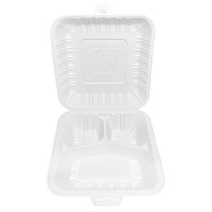 8"x 8" Mineral-Filled PP Hinged Food Containers | 3-Compartment | White