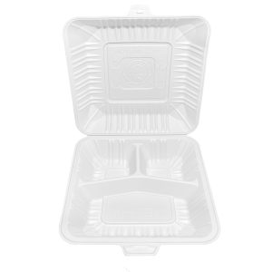 9" x 9" Mineral-Filled PP Hinged Food Containers | 3-Compartment | White