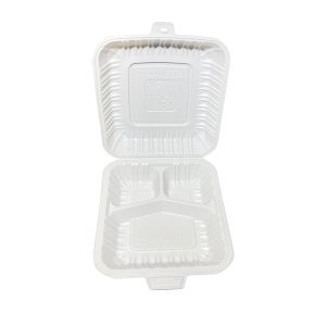 7" x 7" Mineral Filled PP Hinged Food Containers | 3-Compartment | White
