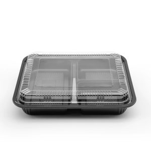 PS Plastic 9 2/5" x 7 1/2" Bento Box with lid | 3-compartment | Black