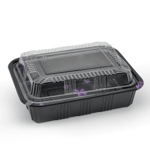 6 4/7" x 5" PS Plastic Rectangular Food Containers & Lids | Black