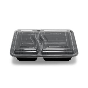 28 oz PP Plastic Microwavable Heavy Weight Containers & Lids | 2-compartment | Black