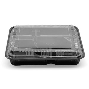 PS Plastic 10 3/5" x 10 3/5" Bento Box with lid | 5-compartment | Black